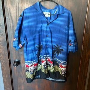 KY'S Hawaiian Shirt Mens XL Blue Classic Car Tropical Beach Made in Hawaii
